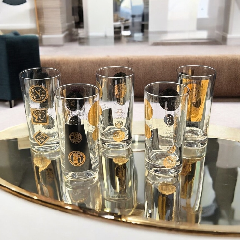 Vintage Cera MCM 22K Gold Coin Highball Glasses Barware Set of 5